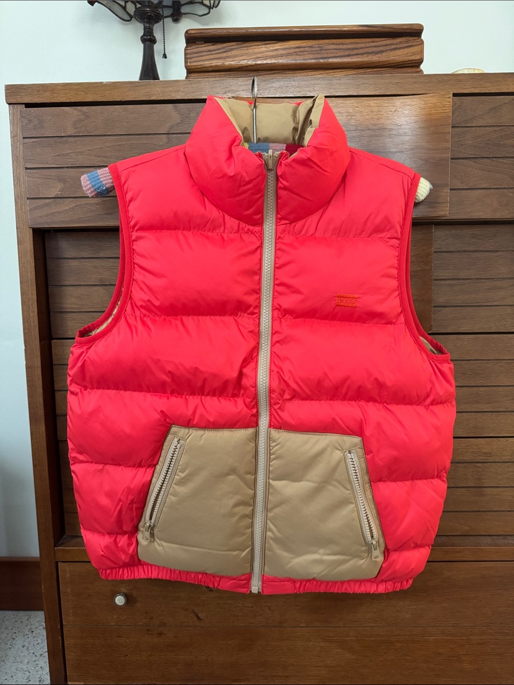 Levi's Red and Tan Puffer Vest with Zip Pockets